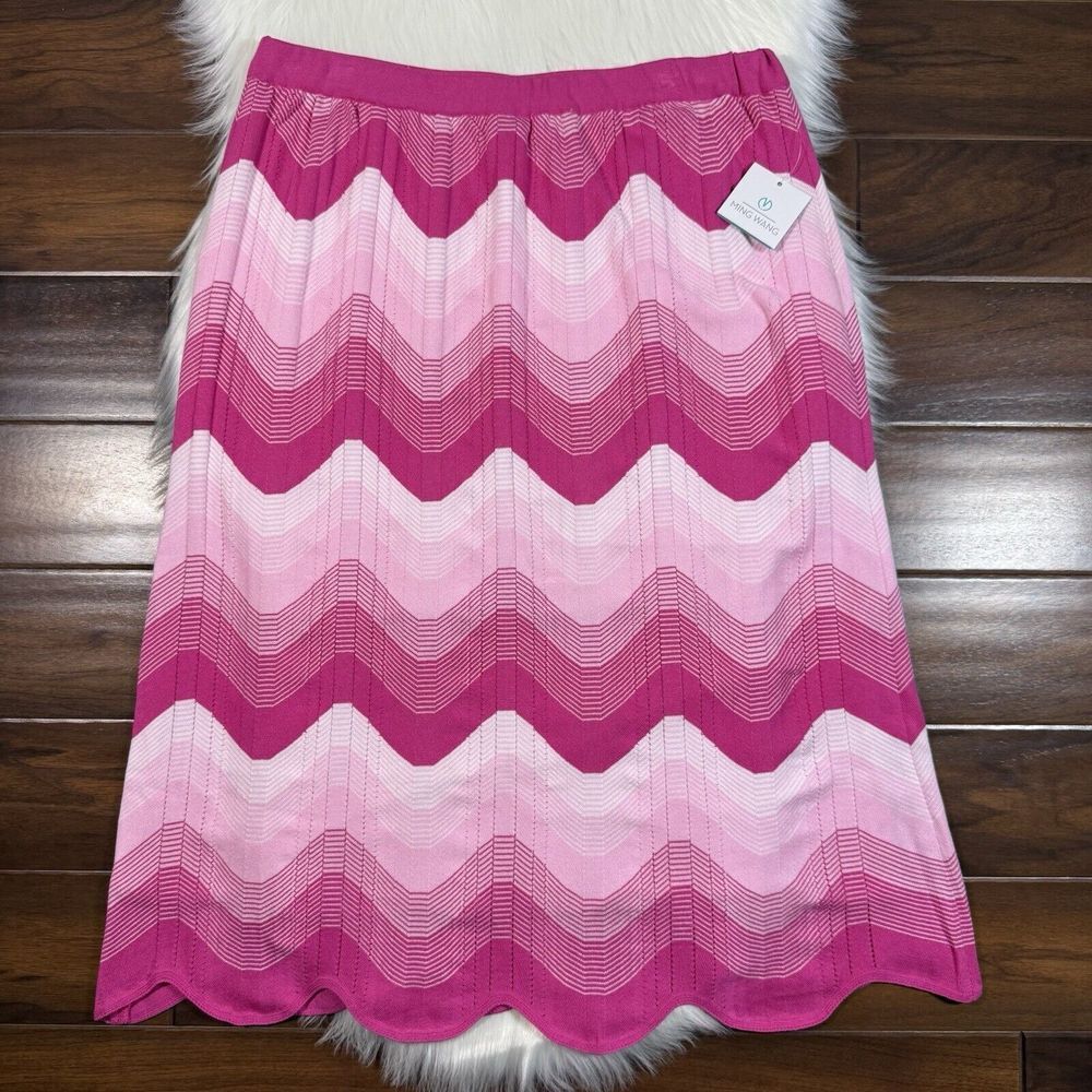 Ming Wang Women's Size XL Pink White Chevron Knit Pull On Midi Pencil Skirt